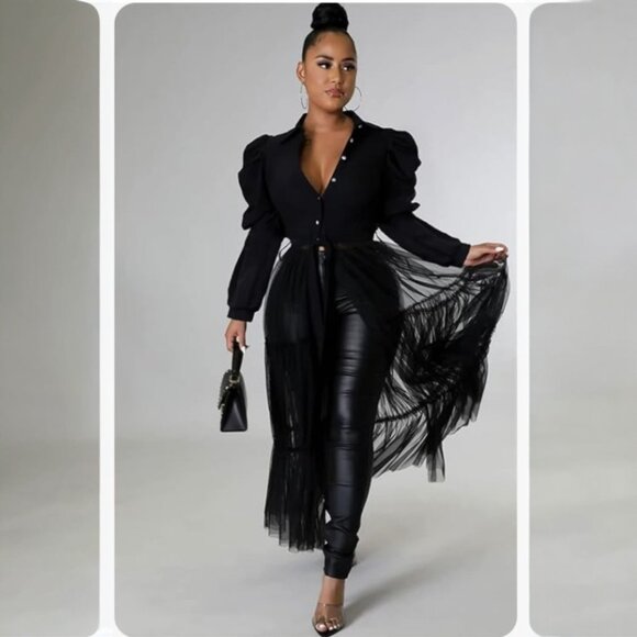 Ekaliy Black Mesh Long Sleeve Belted Dress  2XL Casual Glam Sheer Overlay V-Neck - Picture 3 of 11